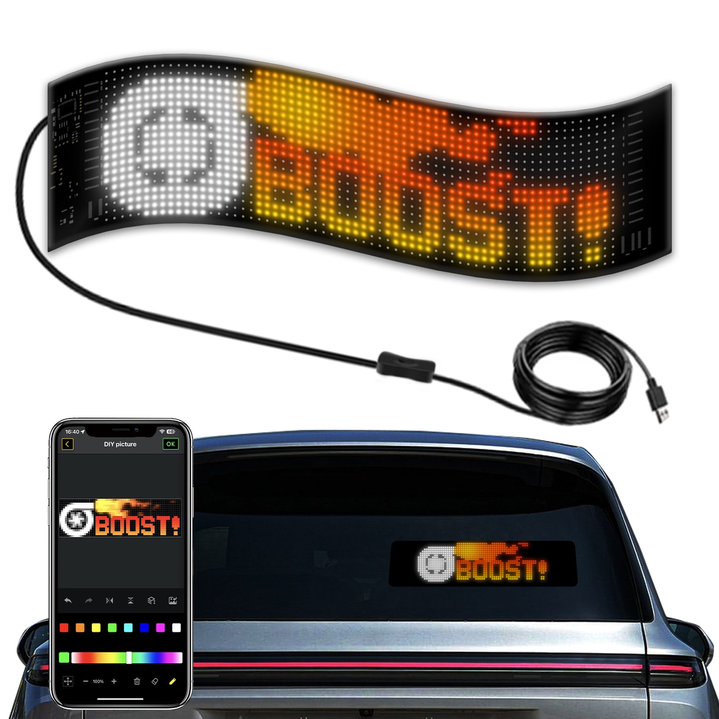 Flexible waterproof LED display sign with Bluetooth APP control. Create scrolling text, animations, and RGB effects for cars, shops, and events.