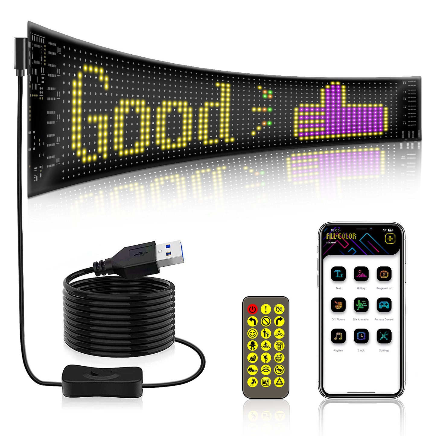 Flexible waterproof LED display sign with Bluetooth APP control. Create scrolling text, animations, and RGB effects for cars, shops, and events.