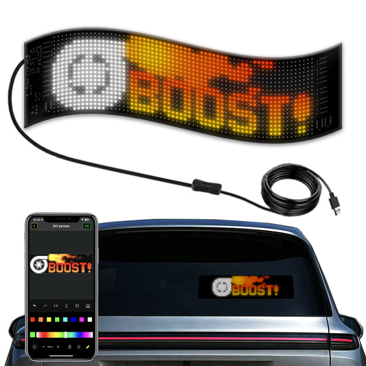 Flexible waterproof LED display sign with Bluetooth APP control. Create scrolling text, animations, and RGB effects for cars, shops, and events.