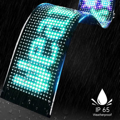 Flexible waterproof LED display sign with Bluetooth APP control. Create scrolling text, animations, and RGB effects for cars, shops, and events.