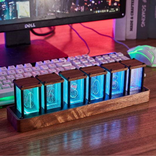 Retro-inspired walnut Nixie tube style LED clock with WiFi sync, app control, RGB display modes, alarm & timer. A perfect blend of vintage and modern.
