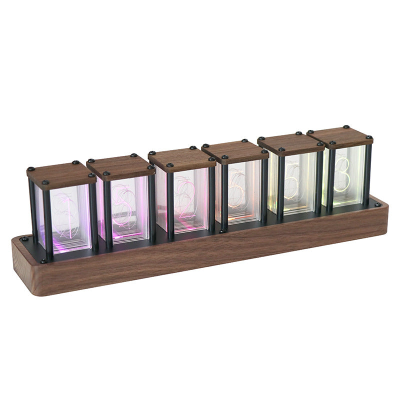 Retro-inspired walnut Nixie tube style LED clock with WiFi sync, app control, RGB display modes, alarm & timer. A perfect blend of vintage and modern.
