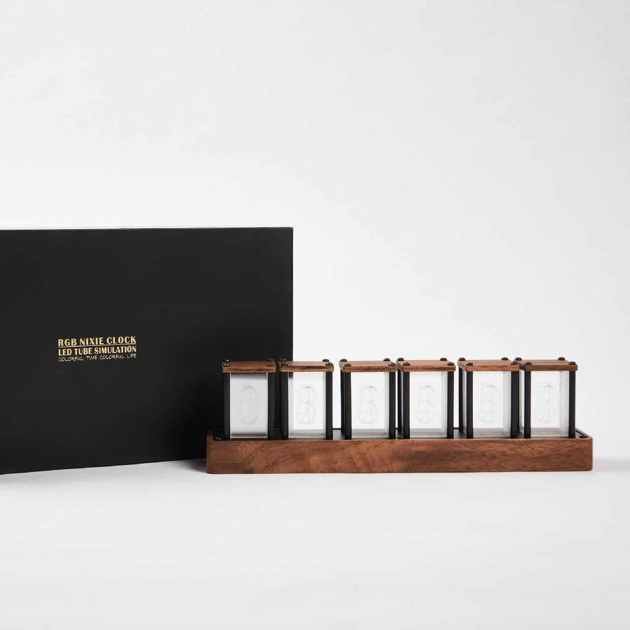 Retro-inspired walnut Nixie tube style LED clock with WiFi sync, app control, RGB display modes, alarm & timer. A perfect blend of vintage and modern.
