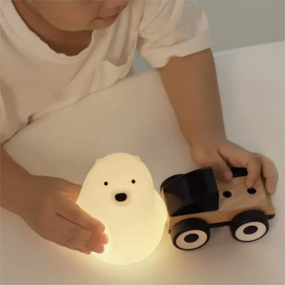 Adorable bear silicone night lamp with soft warm glow, touch control, rechargeable LED light for kids bedroom