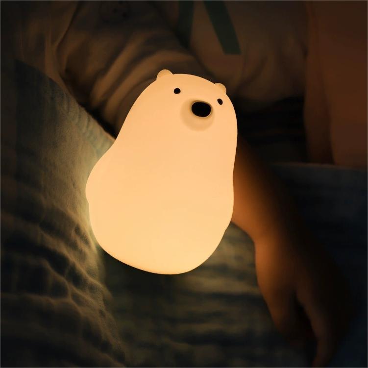Adorable bear silicone night lamp with soft warm glow, touch control, rechargeable LED light for kids bedroom