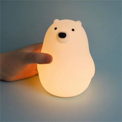 Adorable bear silicone night lamp with soft warm glow, touch control, rechargeable LED light for kids bedroom