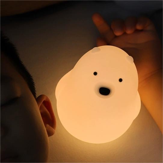 Adorable bear silicone night lamp with soft warm glow, touch control, rechargeable LED light for kids bedroom